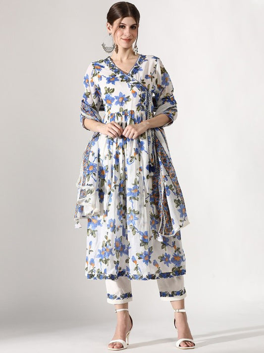 Floral Printed Thread Work Pure Cotton Straight Kurta with Trousers & Dupatta