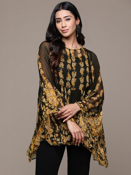 Floral Print Flared Sleeves Chiffon Longline Top