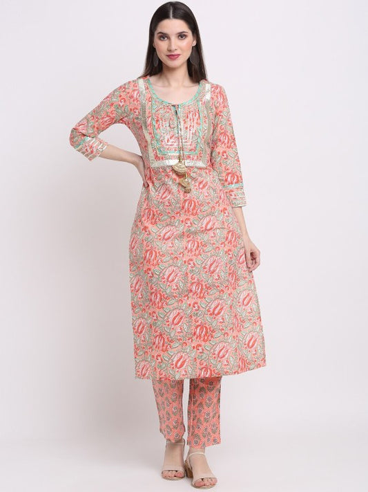 Women Peach-Coloured Paisley Printed Pure Cotton Kurta with Trousers & With Dupatta