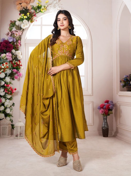 Floral Embroidered V-Neck Pleated Anarkali Kurta With Trousers & Dupatta