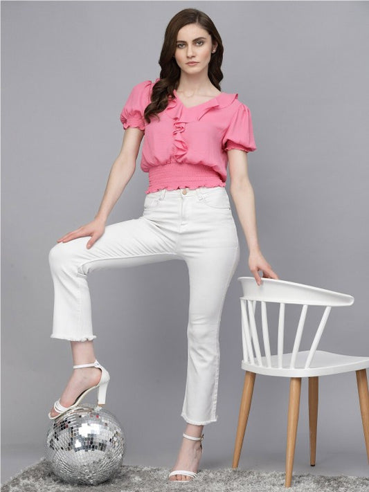 V-Neck Puff Sleeve Smocked Blouson Top