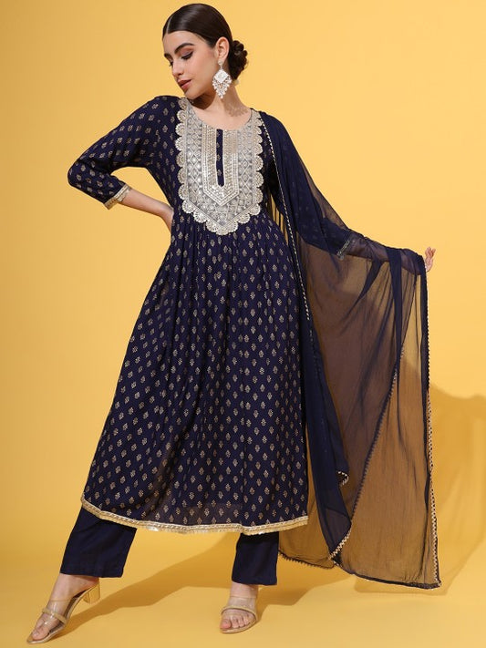 Round Neck Ethnic Motifs Printed Panelled Thread Work Kurta Set