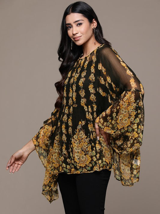Floral Print Flared Sleeves Chiffon Longline Top
