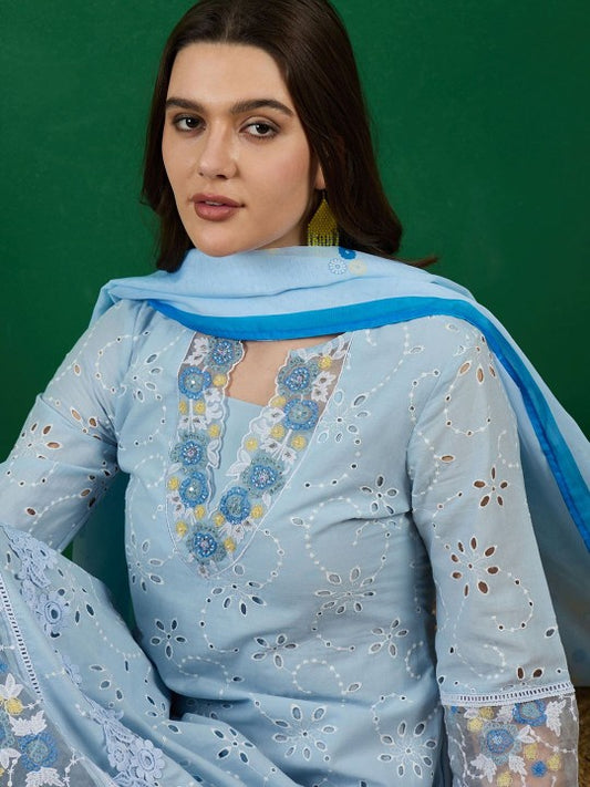 Embroidered Cotton Straight Kurta With Trouser & Dupatta Set