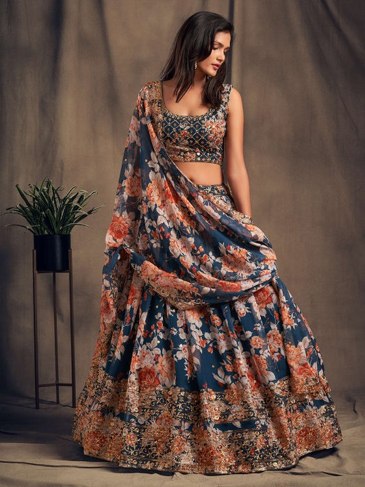 Blue & Peach-Coloured Embroidered Sequinned Shibori Semi-Stitched Lehenga & Unstitched Blouse With