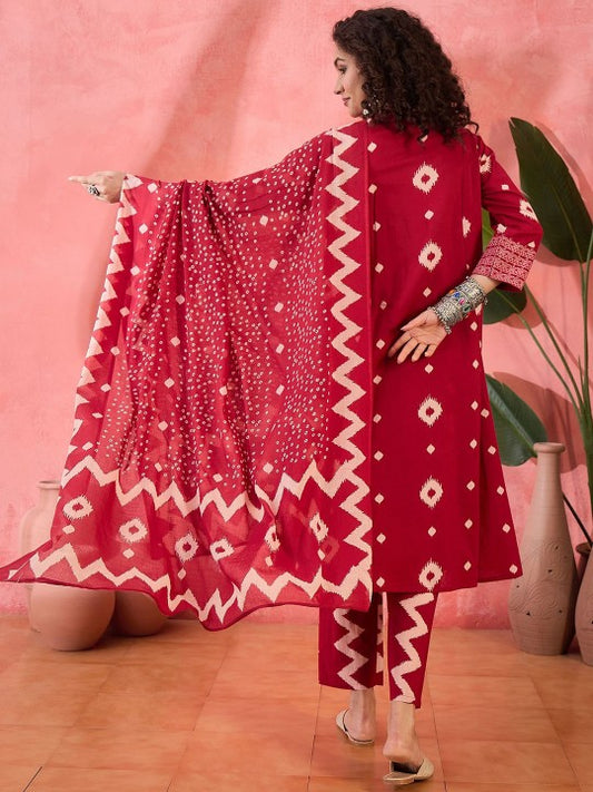 Geometric Printed V-Neck Pleated Pure Cotton A-Line Kurta With Trouser And Dupatta