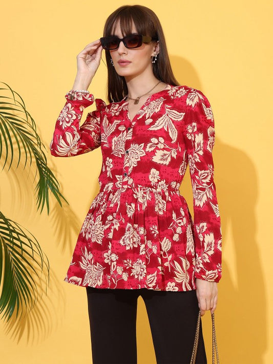 Women Floral Printed Mandarin Collar Peplum Crepe Top
