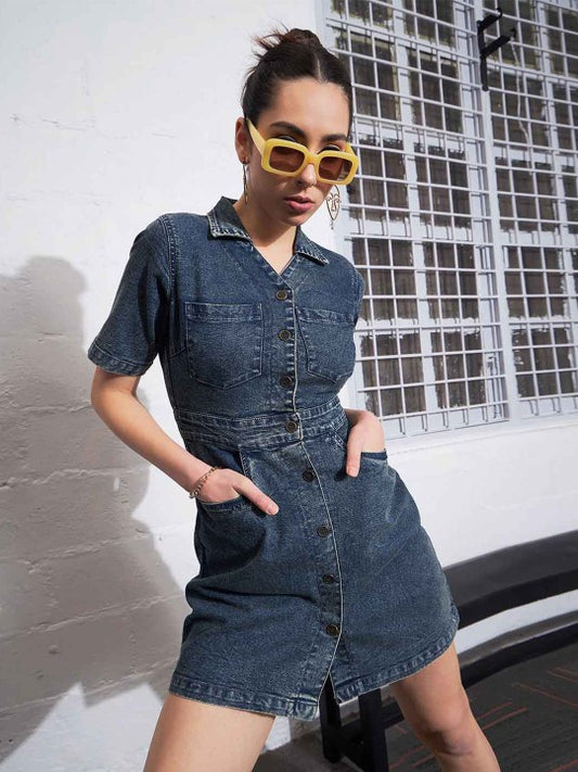 Shirt Collar Denim Mini Shirt Dress
