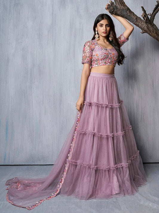 Embroidered Thread Work Semi-Stitched Lehenga & Unstitched Blouse With Dupatta
