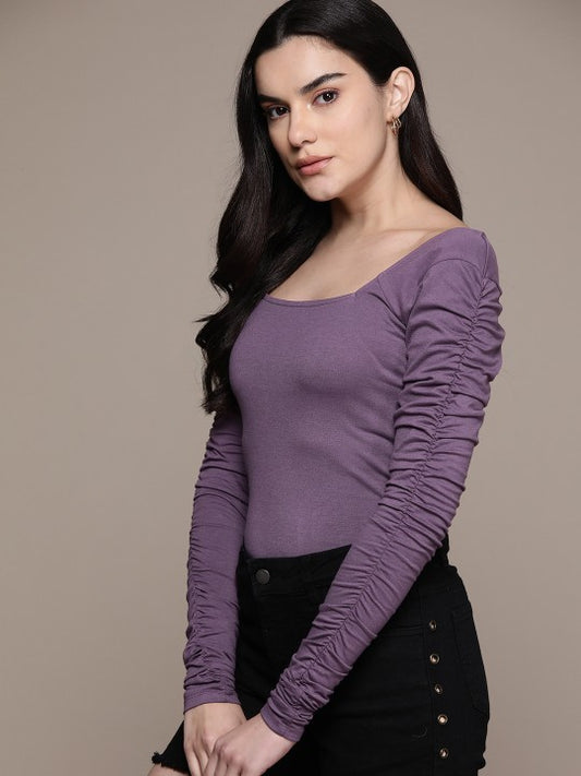 Square Neck Ruched Sleeves Fitted Top