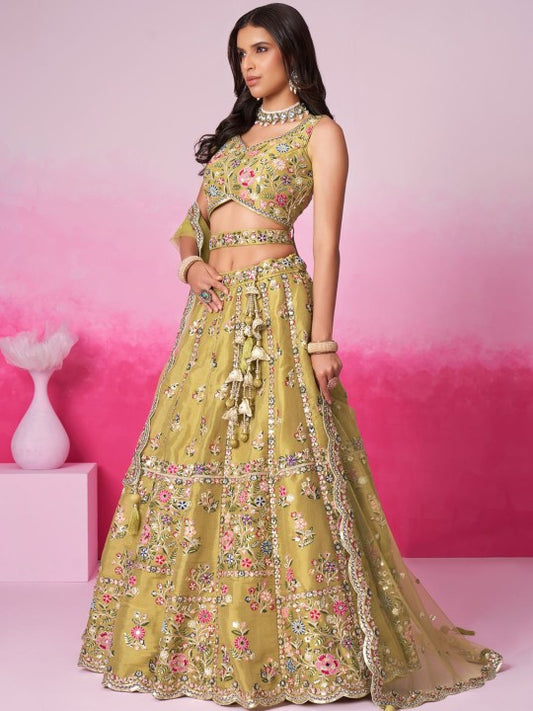 Embroidered Sequinned Semi-Stitched Lehenga & Unstitched Blouse With Dupatta