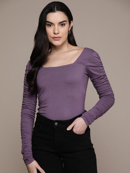 Square Neck Ruched Sleeves Fitted Top