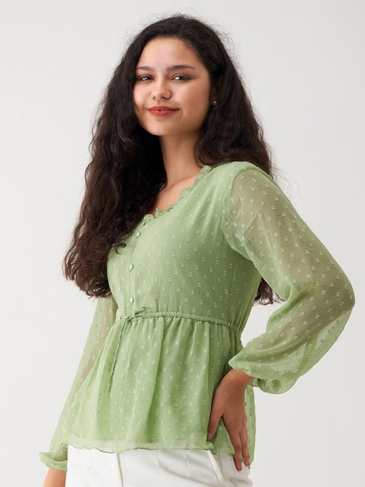 Self Design V-Neck Long Sleeve Gathered Cinched Waist Top