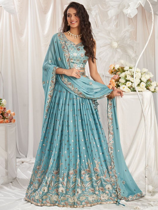 Embroidered Sequinned Semi Stitched Lehenga & Unstitched Blouse With Dupatta