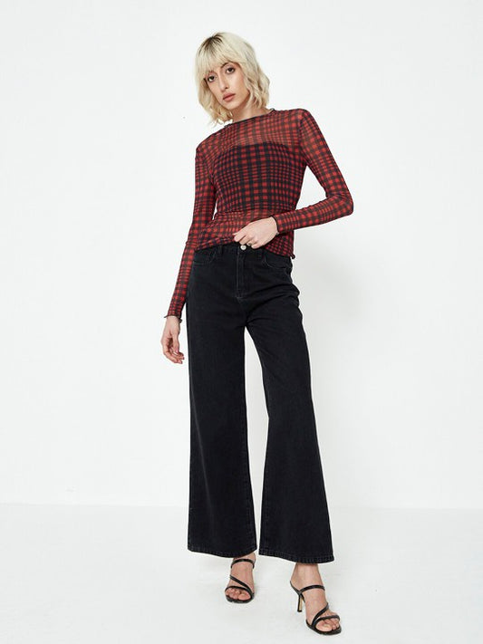 Checked Boat Neck Fitted Top