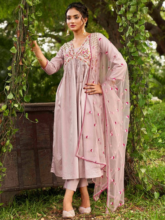 Floral Yoke Design Pleated Thread Work Kurta With Trousers & Dupatta