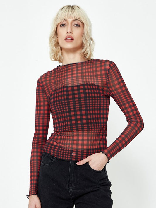 Checked Boat Neck Fitted Top