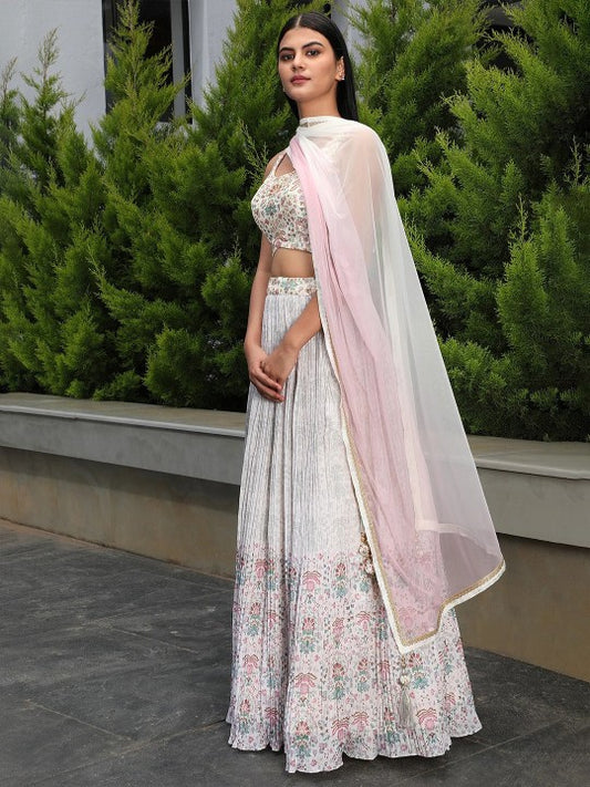Floral Printed Semi-Stitched Pleated Lehenga Choli With Dupatta