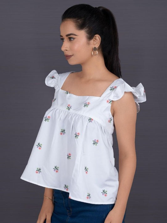 Women Floral Printed Square Neck Flutter Sleeve Ruffles Top