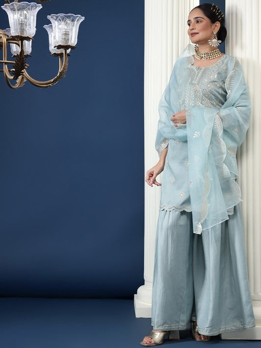 Ethnic Motifs Embroidered High Slit Sequinned Kurta With Palazzos & Dupatta