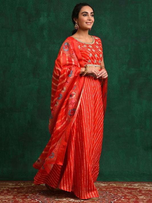 Red Leheriya Printed Gotta Patti Ready to Wear Lehenga With Blouse & Dupatta