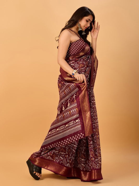 Warli Printed Zari Silk Cotton Chanderi Saree