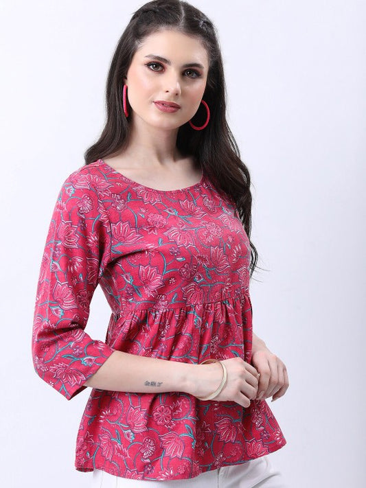 Pink & Green Floral Print A-Line Top
