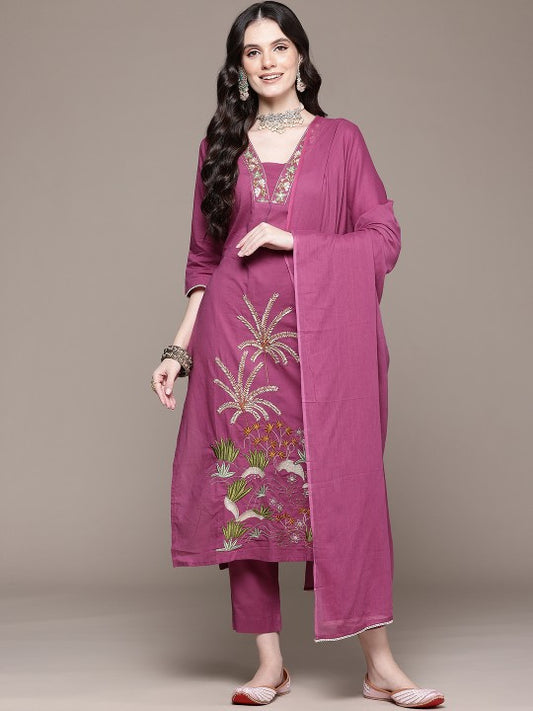 Floral Embroidered Pure Cotton Kurta with Trousers & Dupatta