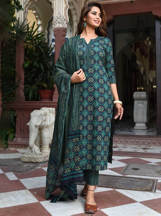 Women Printed Regular Kurta with Trousers & With Dupatta