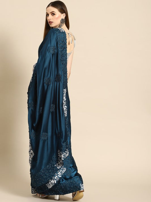 Blue Floral Embroidered Satin Saree