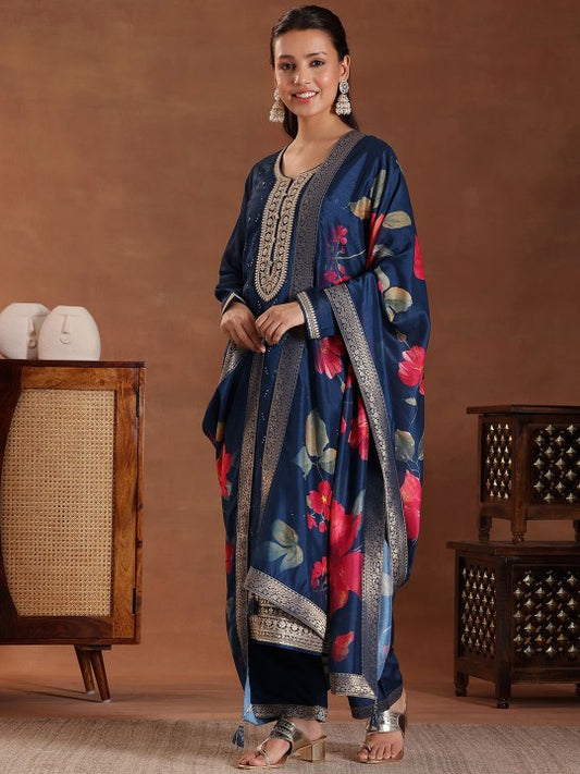 Floral Embroidered Sequinned Straight Kurta With Palazzos & Dupatta