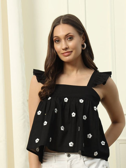 Women Floral Printed Embroidered Square Neck Cotton Top