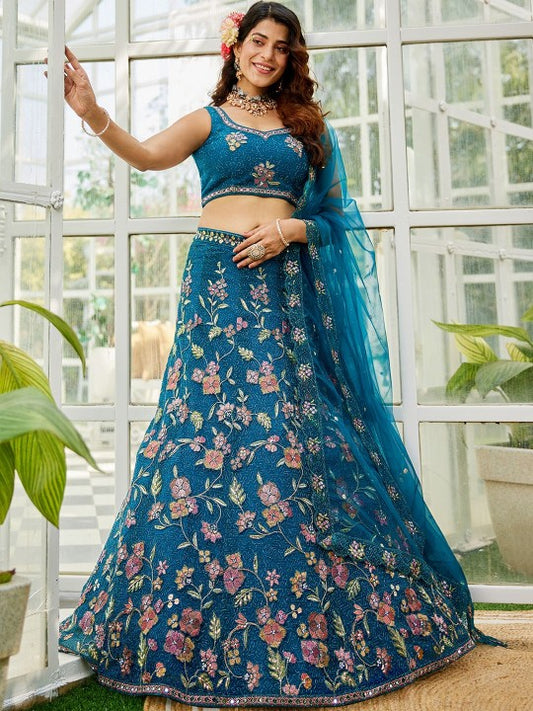 Floral Embroidered Sequinned Semi-Stitched Lehenga & Unstitched Blouse Set