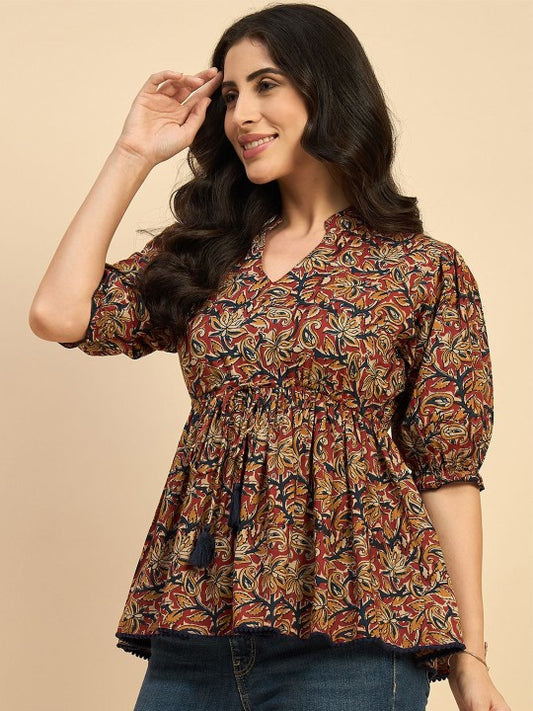 Women Ethnic Printed Mandarin Collar Cotton Top