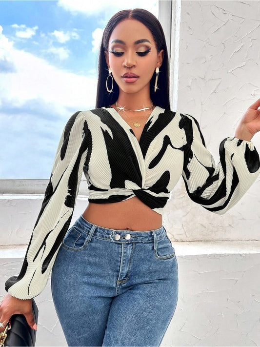 Printed Puff Sleeve Crop Top