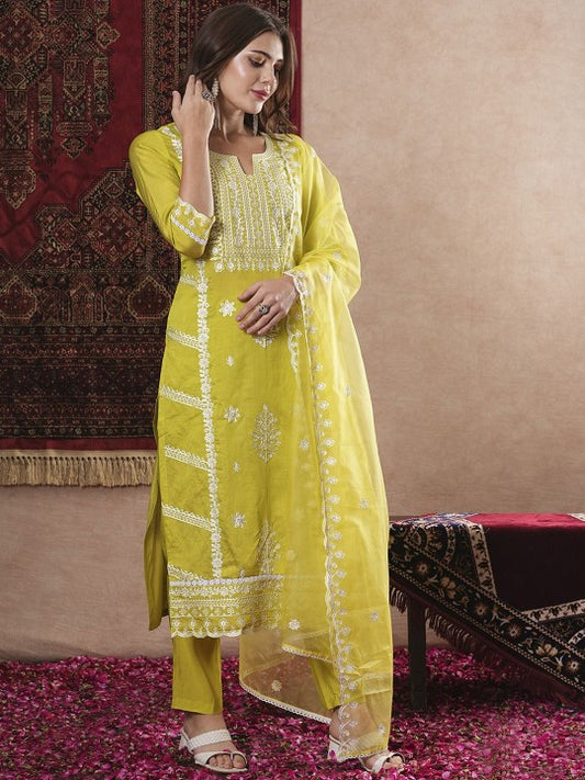 Floral Embroidered Thread Work Straight Kurta with Trousers & Dupatta