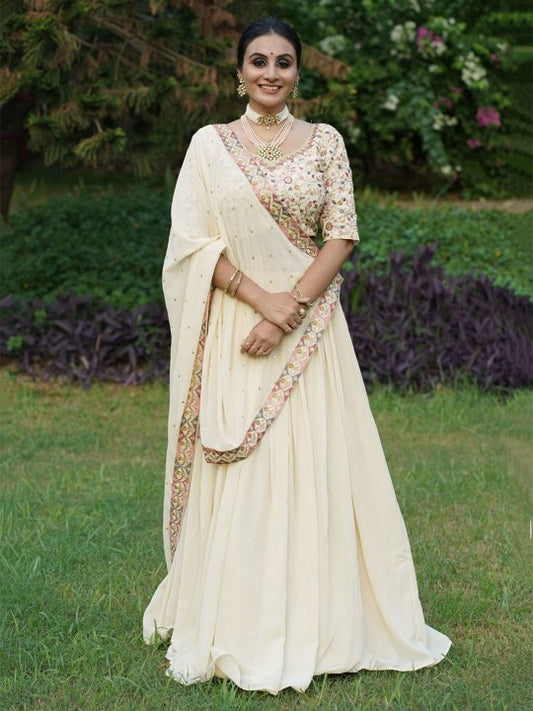 Embroidered Sequinned Semi-Stitched Lehenga & Unstitched Blouse With Dupatta