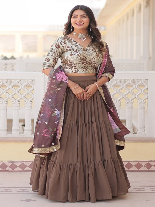 Embroidered Sequinned Semi-Stitched Lehenga & Unstitched Blouse With Dupatta