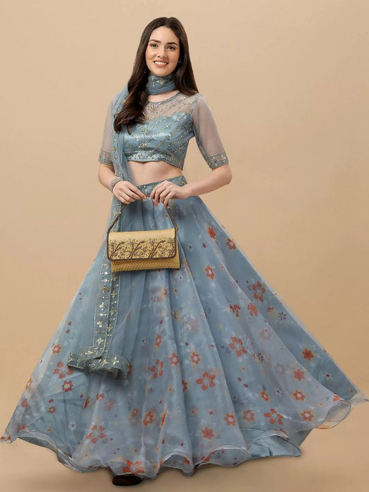 Embroidered Semi-Stitched Lehenga & Unstitched Blouse With Dupatta