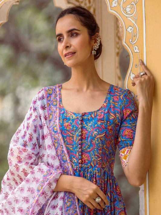 Floral Printed Anarkali Kurta With Trouser And Dupatta