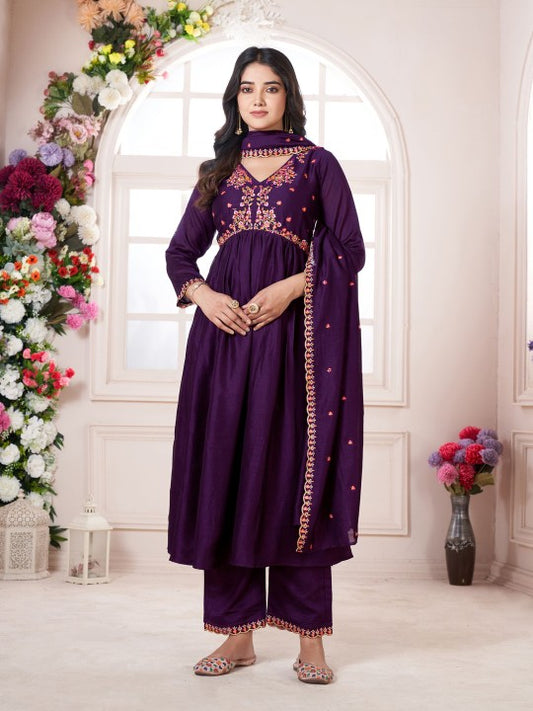 Floral Embroidered V-Neck Pleated Anarkali Kurta With Trousers & Dupatta