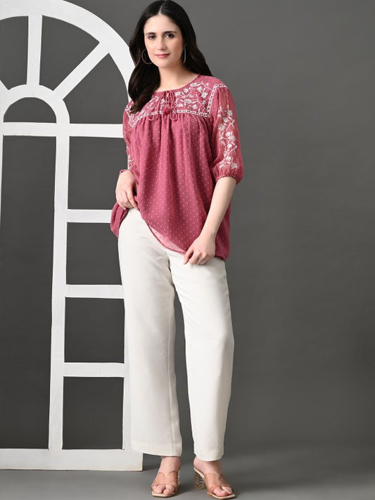 Embroidered Keyhole Neck Accordion Pleated Sleeves Georgette Top