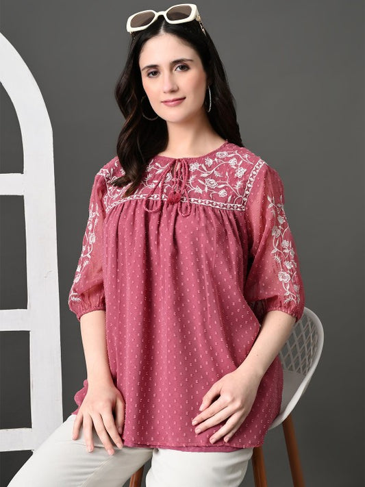 Embroidered Keyhole Neck Accordion Pleated Sleeves Georgette Top