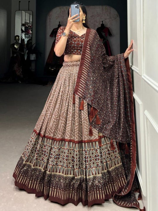 Geomteric Printed Silk Ready to Wear Lehenga & Semi-Stitched Blouse & Dupatta