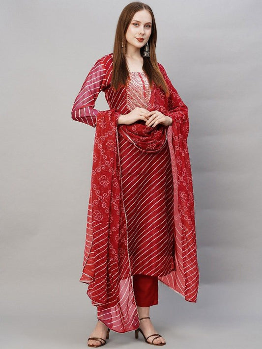 Leheriya Printed Sequinned Straight Kurta with Trousers & Dupatta