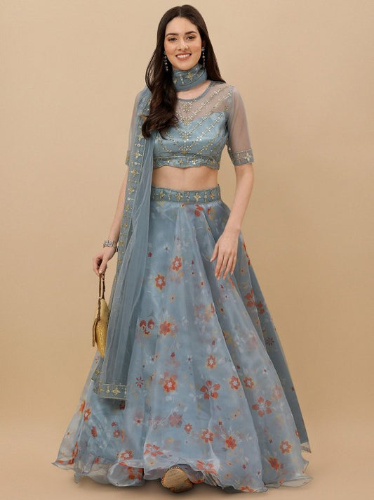 Embroidered Semi-Stitched Lehenga & Unstitched Blouse With Dupatta