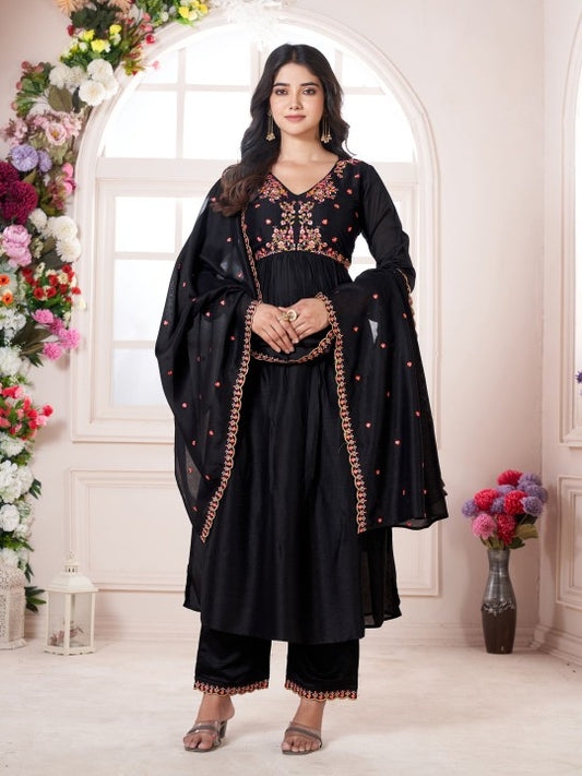 Floral Embroidered V-Neck Anarkali Kurta With Palazzos And Dupatta