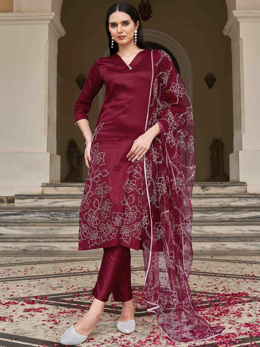 Floral Embroidered Thread Work Kurta with Trousers & Dupatta