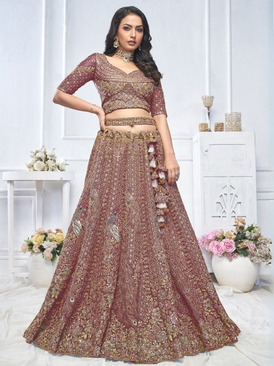 Embroidered Net Sequinned Semi-Stitched Lehenga & Unstitched Blouse With Dupatta