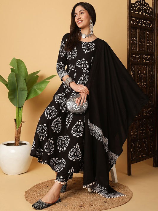 Floral Printed Anarkali Kurta With Palazzos And Dupatta